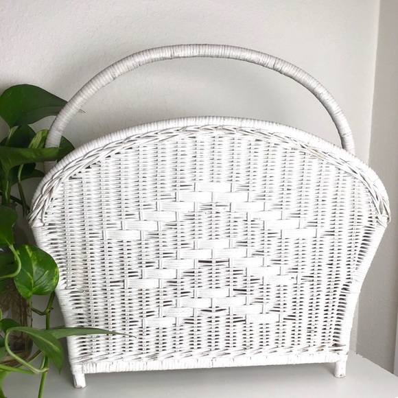 Vintage White Wicker Boho Magazine Rack Basket
